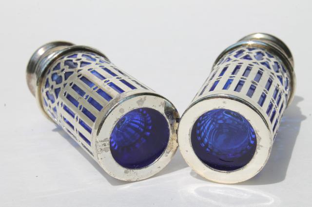 Rogers silver plated cobalt blue glass salt & pepper shakers, vintage S&P sets