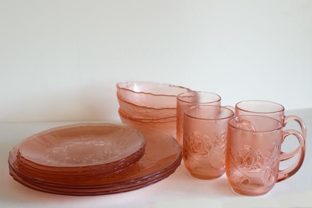 Rosa Rosaline pink glass Arcoroc France, French kitchen glass dinnerware set for 4