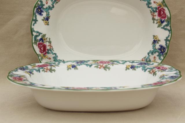 Royal Doulton Floradora green trim floral china, pair oval bowl serving dishes