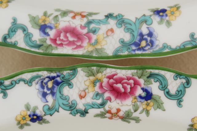 Royal Doulton Floradora green trim floral china, pair oval bowl serving dishes