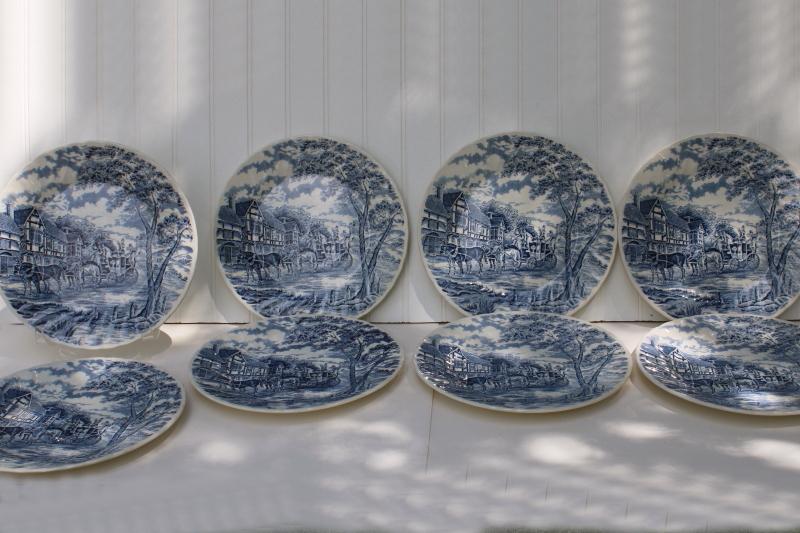 Royal Mail blue transferware vintage Royal Wessex china dinner plates, coach & tudor houses