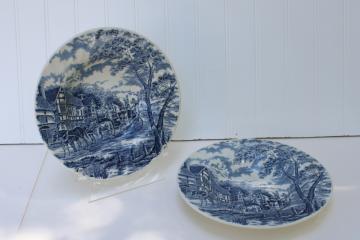 Royal Mail blue transferware vintage Royal Wessex china soup bowls, coach & tudor houses
