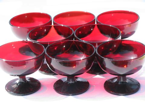 Royal Ruby red glass, 8 vintage Anchor Hocking sherbets / ice cream dishes
