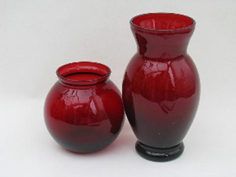 Royal Ruby red vintage Anchor Hocking glass vases lot, round ball vase etc.