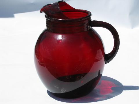 Royal Ruby red, vintage Anchor Hocking round ball glass pitcher