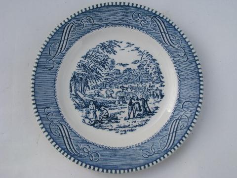 Royal china Currier & Ives blue & white cake or bread and butter plates, lot of 10