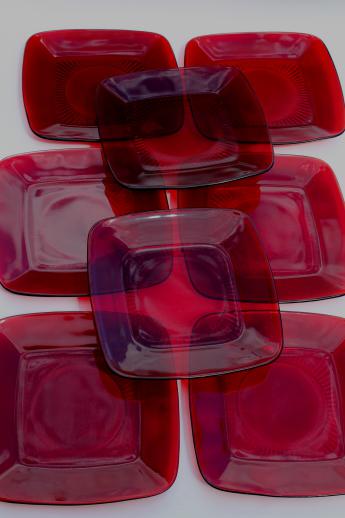 Royal ruby red glass vintage Anchor Hocking Charm square glass plates set of 8