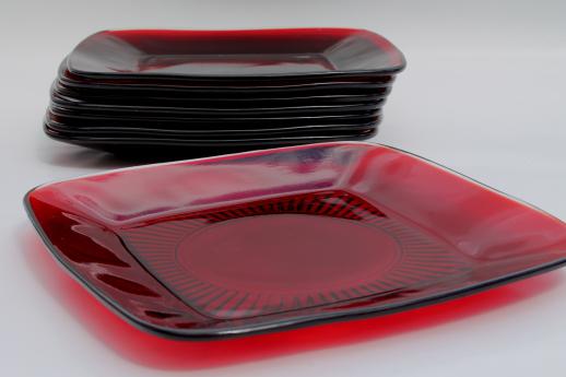 Royal ruby red glass vintage Anchor Hocking Charm square glass plates set of 8