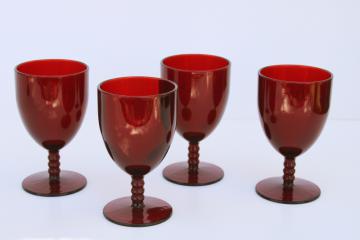 Royal ruby red glass water goblets or wine glasses, mid century vintage Anchor Hocking