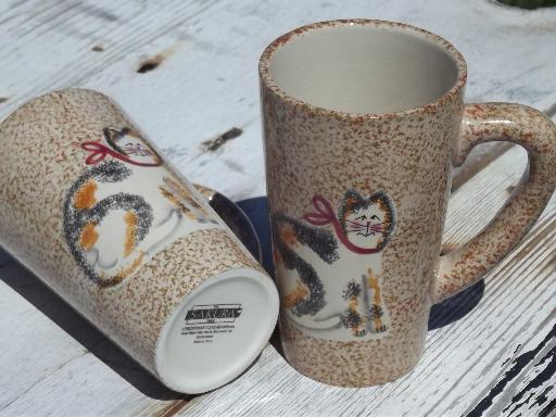 Sakura Fiddlestix cat spongeware tall coffee mugs, cups w/ Christmas Cats