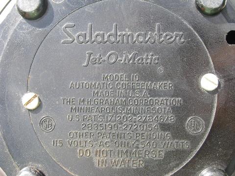 Saladmaster Jet-O-Matic model 10 electric coffee pot, vintage percolator