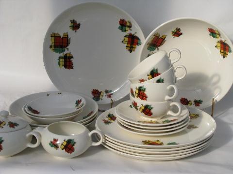 Salem Tartan plaid leaves vintage 1950s dinnerware lot Salem Tartan plaid leaves vintage 1950s dinnerware lot