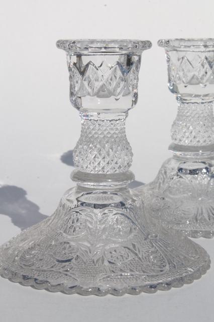 Sandwich pattern pressed glass Duncan & Miller crystal clear candlesticks, serving pieces