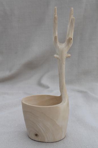 Scandinavian style hand carved wooden bowl w/ stag deer, natural wood bowl