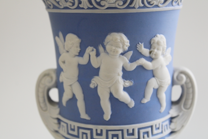 Schafer and Vater antique German bisque china, jasperware blue  white large urn vase