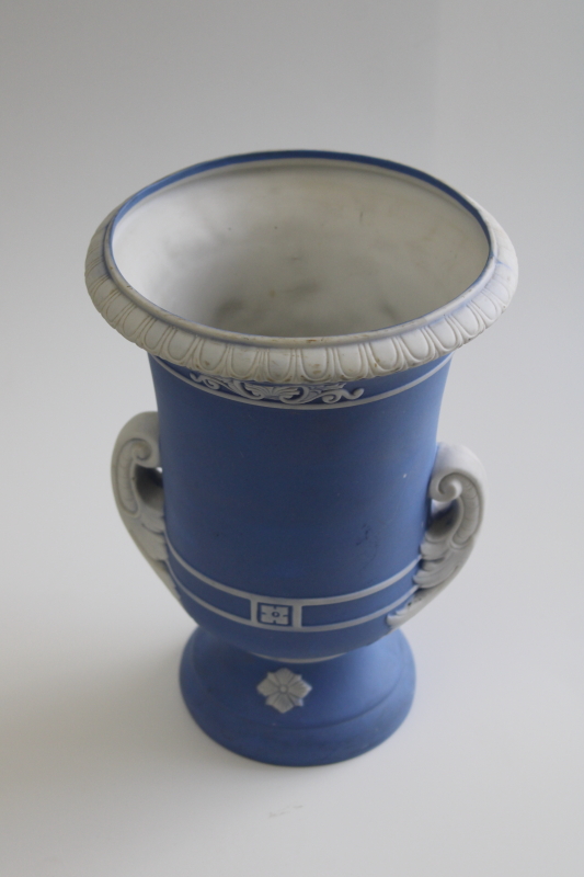 Schafer and Vater antique German bisque china, jasperware blue  white large urn vase