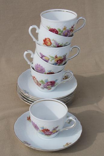 Schumann Bavaria Dresden floral teacups & saucers, embossed white china w/ flowers