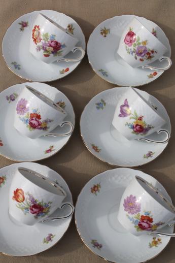 Schumann Bavaria Dresden floral teacups & saucers, embossed white china w/ flowers