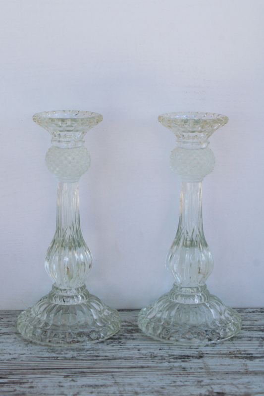 Scots thistle pattern vintage pressed glass candlesticks, tall candle holders Scottish thistles