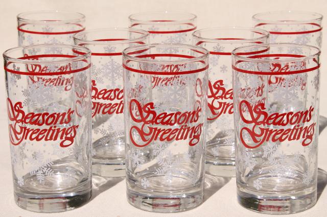 Season's Greetings holiday drinking glasses, retro Christmas snowflakes white & red