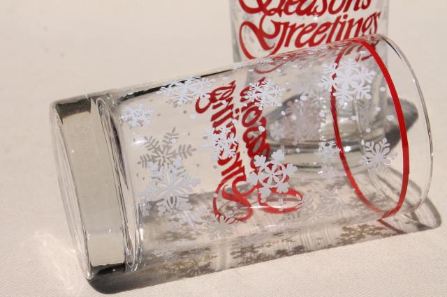 Season's Greetings holiday drinking glasses, retro Christmas snowflakes white & red