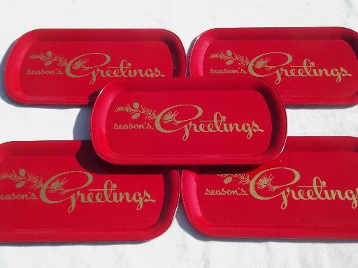 Season's Greetings vintage metal trays for serving cocktails, food gifts