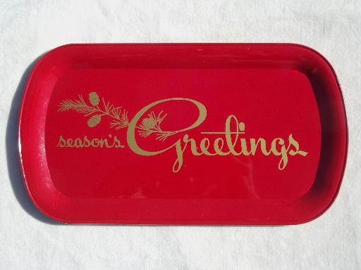 Season's Greetings vintage metal trays for serving cocktails, food gifts