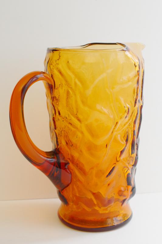 Seneca Driftwood amber glass pitcher, mod vintage crinkled & wrinkled textured glass