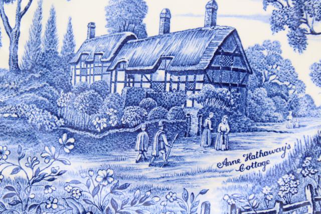 Shakespeare's Country vintage blue & white English transferware plates, Anne Hathaway's cottage