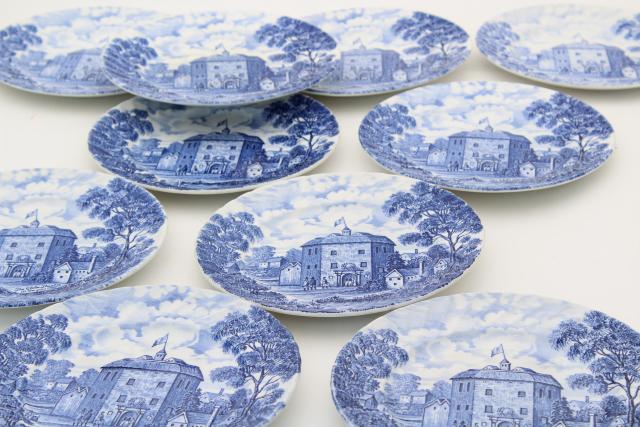 Shakespeare's Country vintage blue & white English transferware plates, Globe theater