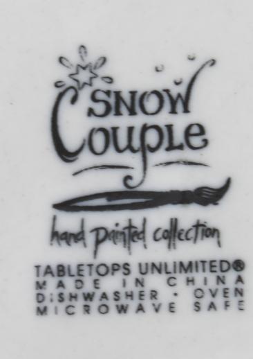 Snow Couple Tabletops Unlimited snowman winter holiday dishes, plates & cocoa mugs