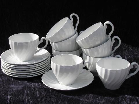 Snowhite Regency, vintage Johnson Brothers white swirl ironstone china, cups & saucers