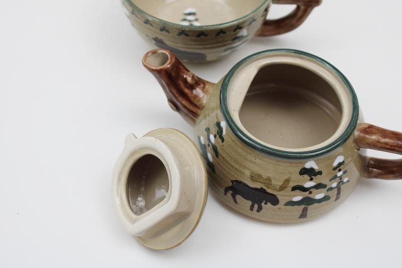 Sonoma Lodge tea for one mug & pot set, rustic stoneware pottery bear & moose