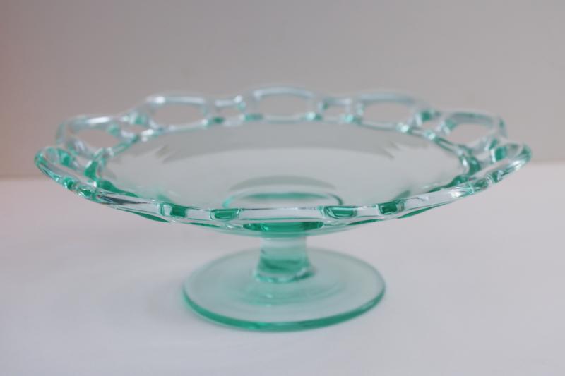 Spanish green glass, vintage open lace edge pedestal bowl or compote, candy dish