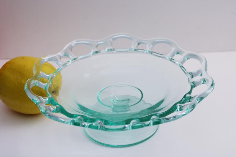 Spanish green glass, vintage open lace edge pedestal bowl or compote, candy dish
