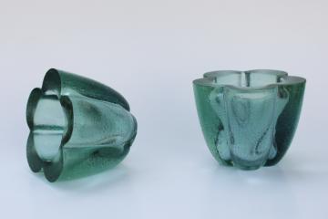 Spanish green recycled glass votive candle holders or vases, Spain label vintage glassware