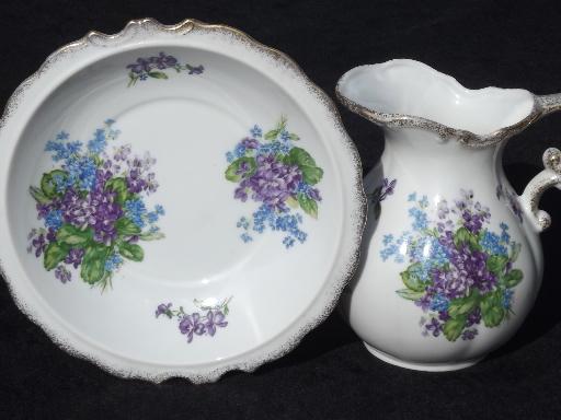Spring Bouquet Lefton china vintage wash pitcher and bowl set, violets floral