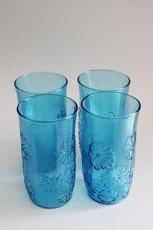 Spring Song Anchor Hocking laser blue glass tumblers, vintage drinking glasses set