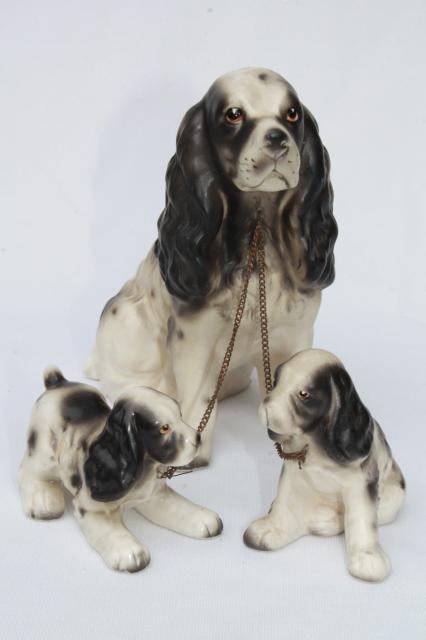 Springer spaniel family, vintage china dog figurines, mama & babies black & white spaniels