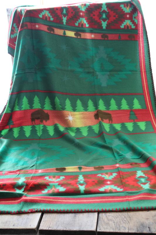 St Labre Indian School print fleece lap blanket throw, red & green w/ buffalo