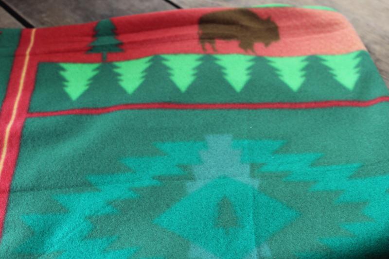 St Labre Indian School print fleece lap blanket throw, red & green w/ buffalo
