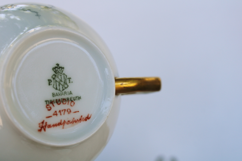 Studio hand painted art deco vintage china tea cups saucers set Tirschenreuth Bavaria porcelain