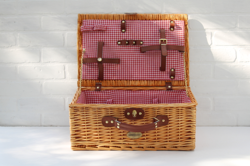 Sutherland picnic basket, empty hamper w/ red gingham lining, wicker suitcase style storage basket