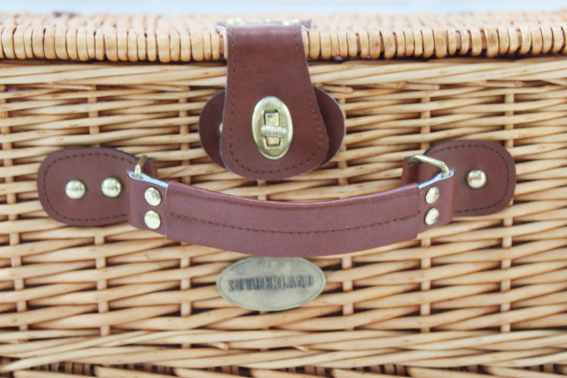 Sutherland picnic basket, empty hamper w/ red gingham lining, wicker suitcase style storage basket