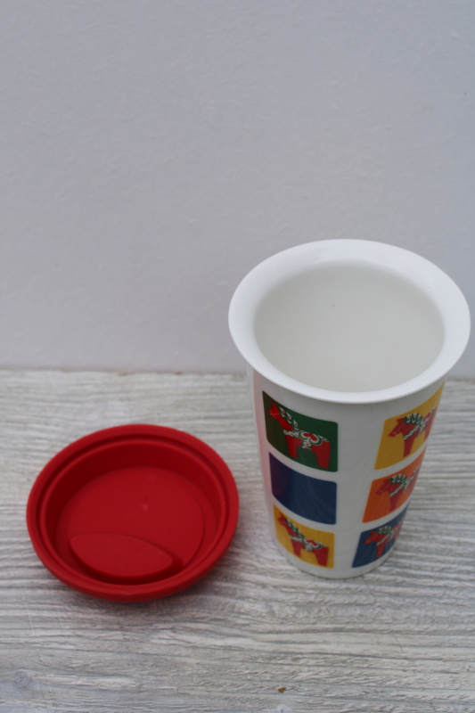Swedish Dala horse print travel cup coffee mug Sagaform ceramic tumbler w/ silcone lid