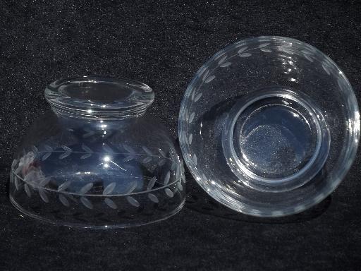 Swedish modern vintage Anchor Hocking glass bowls, etched Laurel wheel cut