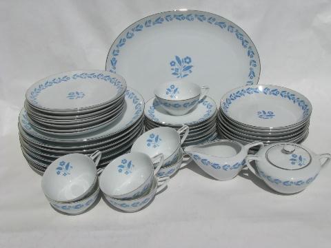 Symphony in Blue flowers on white china for 8, vintage cottage floral dishes