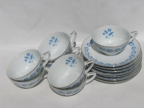 Symphony in Blue flowers on white china for 8, vintage cottage floral dishes