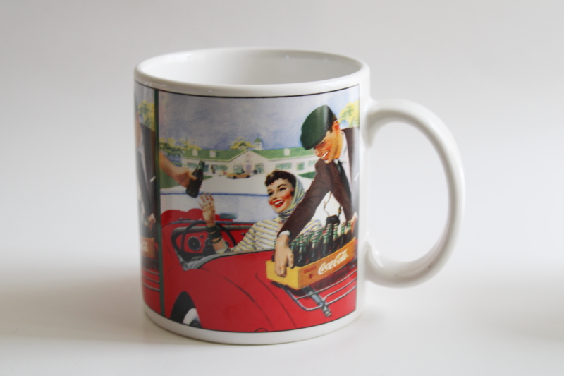 Tailgating scenes vintage Coca Cola advertising print mugs, Sakura ceramic coffee cups set new in box