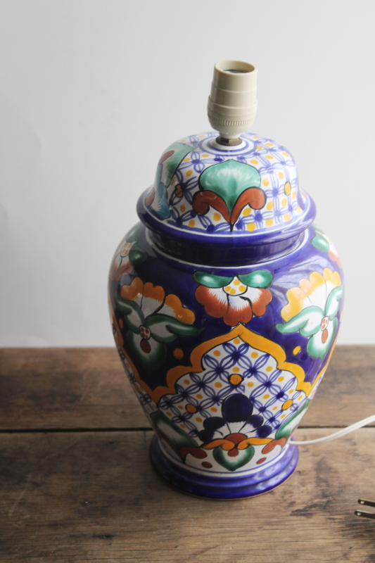 Talavera pottery table lamp, hand painted Mexican folk art bright colorful southwest decor